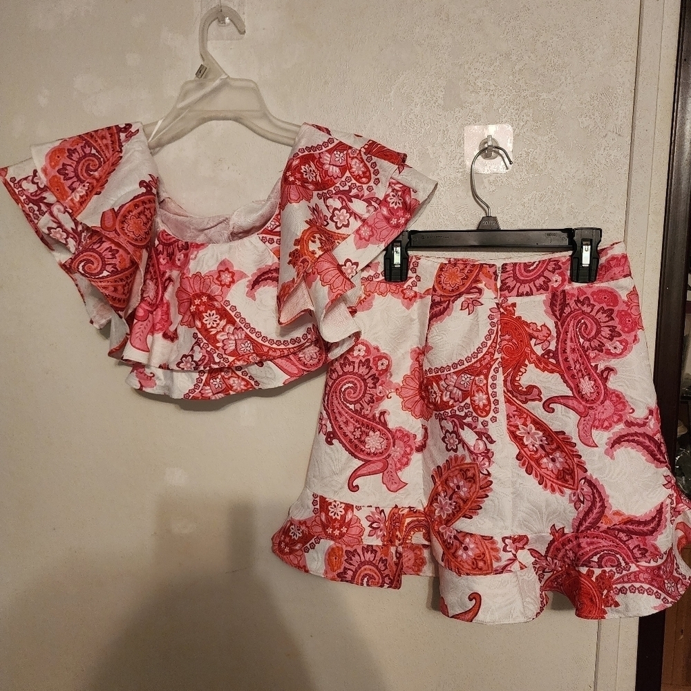Shein Pink White and Orange Ruffle One Shoulder 2 Pc Skirt Set Size S - Picture 8 of 15